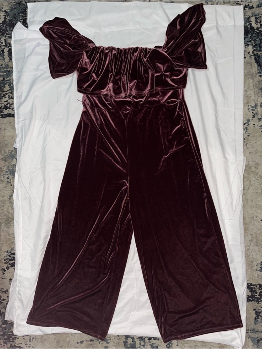 Eloquii Velvet Off-Shoulder Wide-Leg Jumpsuit - Wine